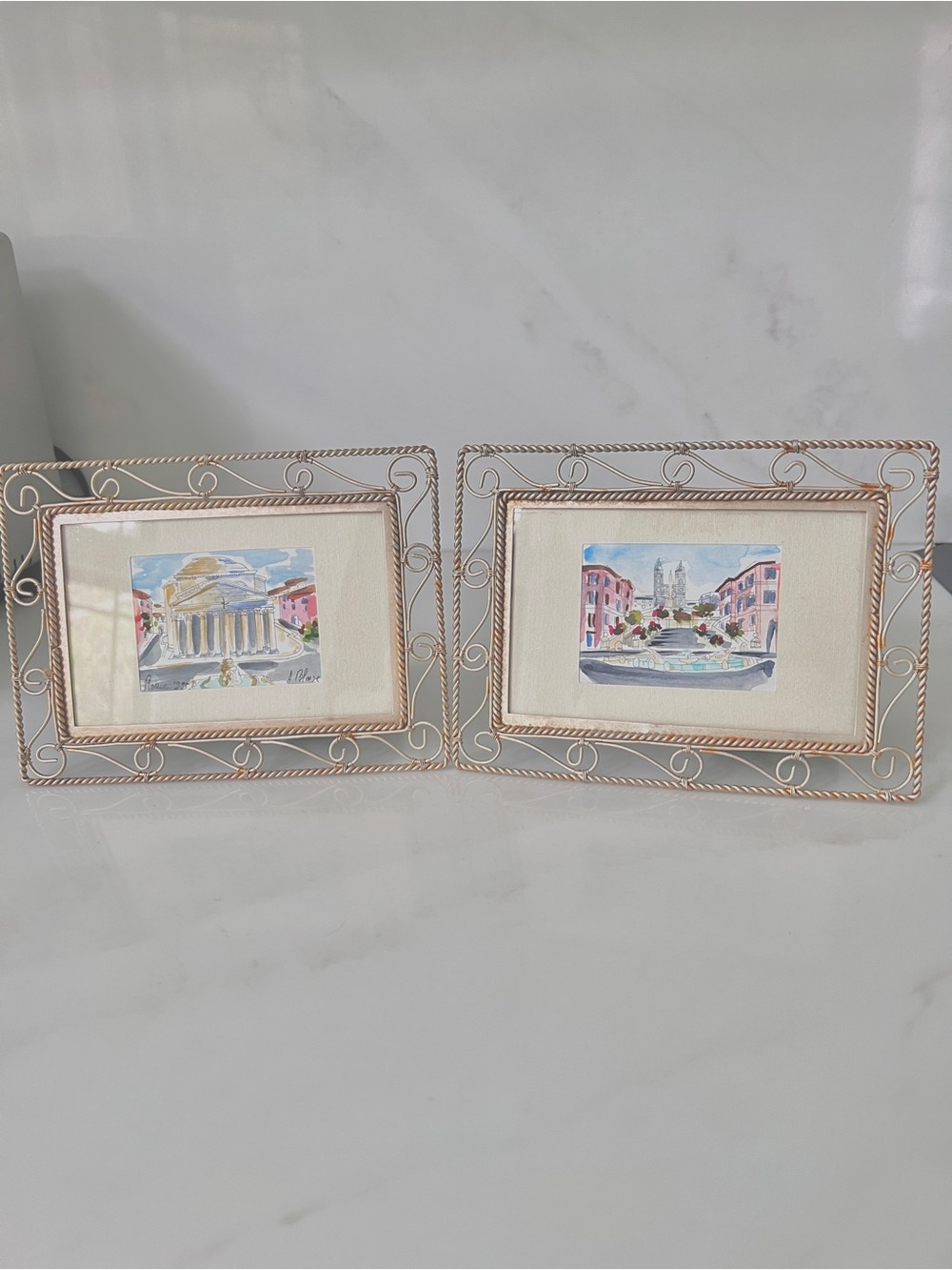 Vintage Italian Miniature Watercolors glass Framed Rome Pantheon Spa Signed 2 pc